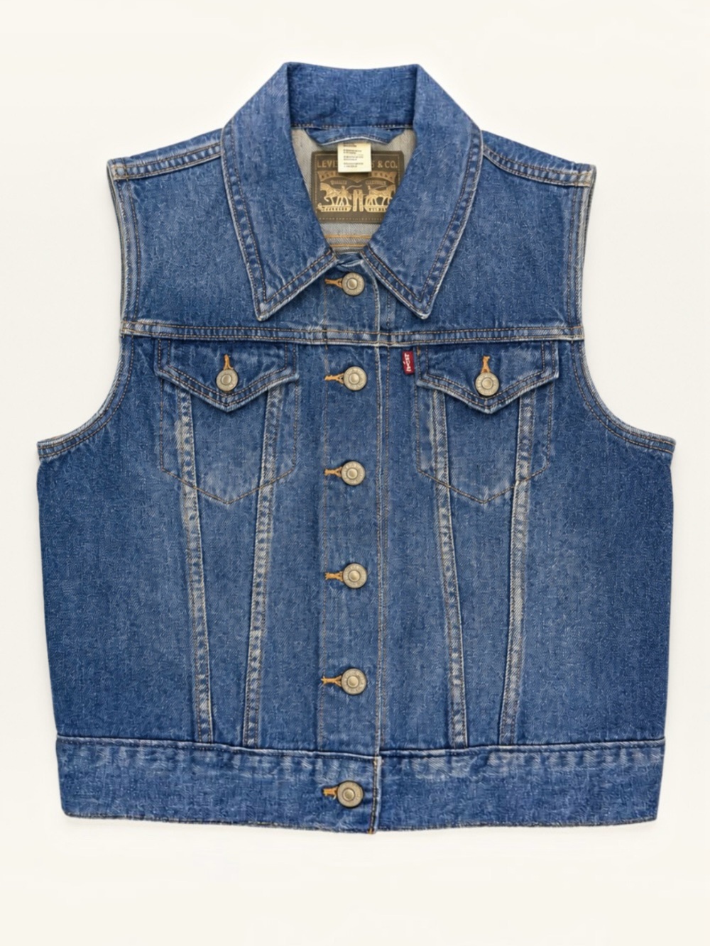 Levi’s Iconic Blue Denim Trucker Vest NWT Red Tab Classic Western Boho Chic Sz S - Picture 3 of 13